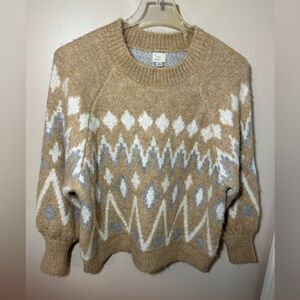 A New Day Fair Isle Geometric Knit Sweater Small Beige Grey White Soft & Cozy